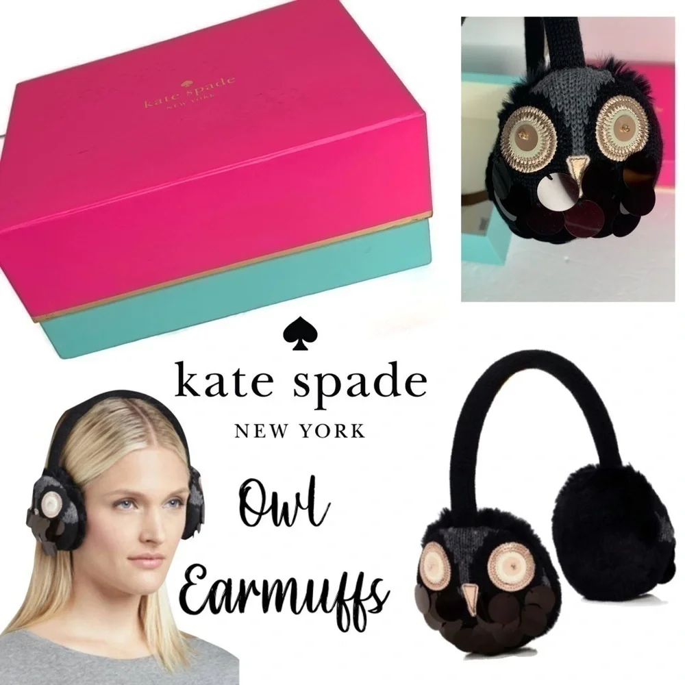 Kate Spade Owl Earmuffs in Box NWT Black Sequins